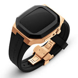 Θήκη smartwatch daniel wellington dw01200002 συμβατή με Apple Watch Series 6, 5, 4 και Apple Watch SE σε ροζ χρυσό χρώμα με μαύρο καουτσούκ λουράκι και τετράγωνο σχήμα.