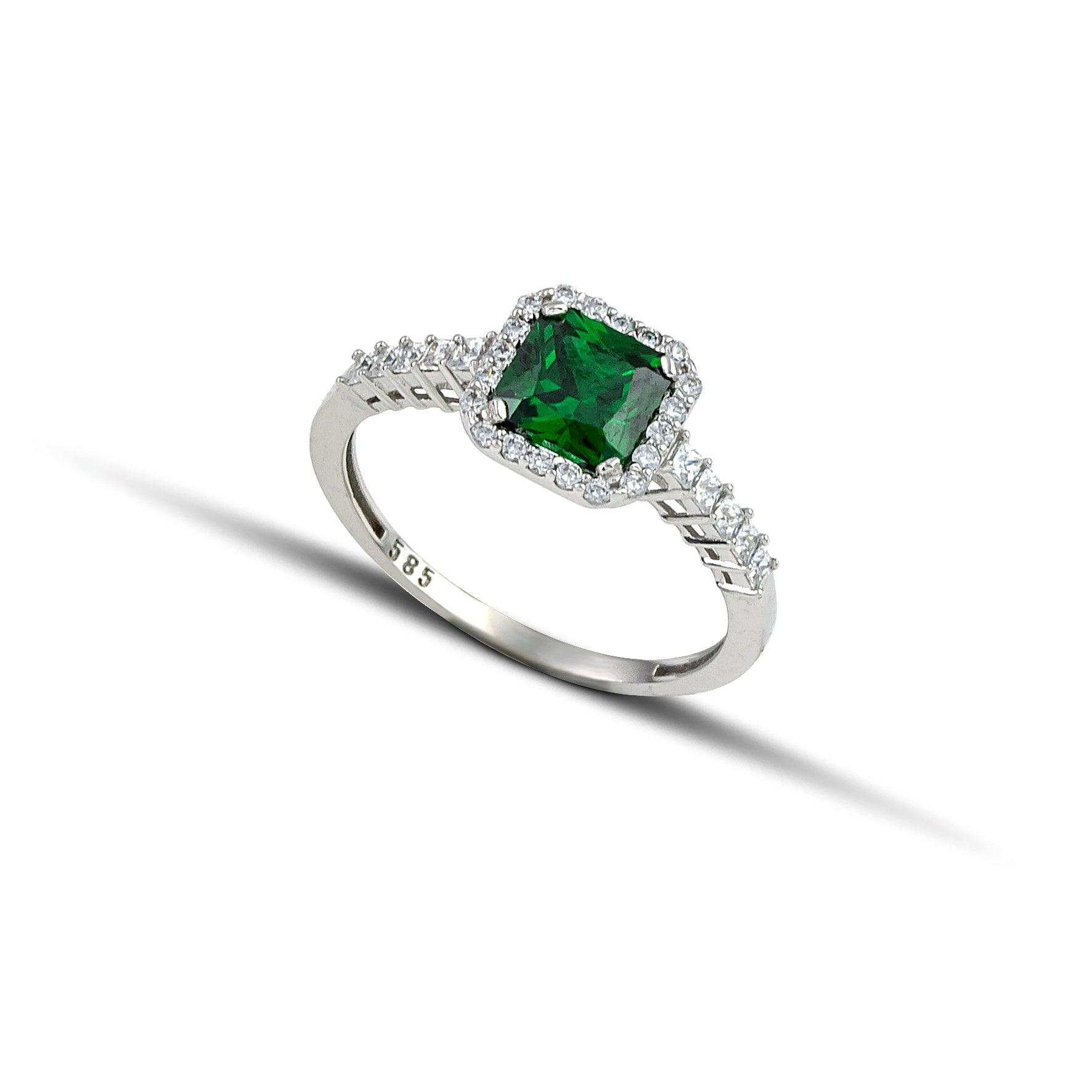 Δαχτυλίδι Λευκόχρυσο Κ14 Ροζέτα Τετράγωνη με Πράσινη Πέτρα.
