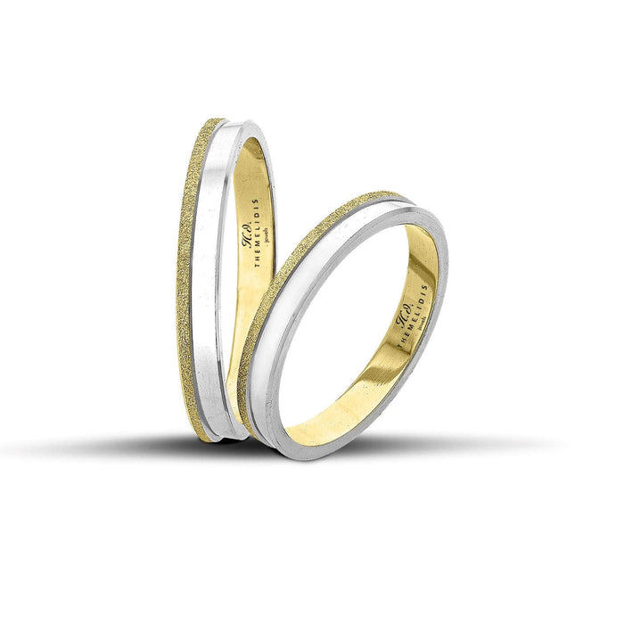 Δίχρωμες βέρες γάμου 3mm με χρυσό ματ και λευκόχρυσο λουστρέ φινίρισμα, χειροποίητης ελληνικής κατασκευής.