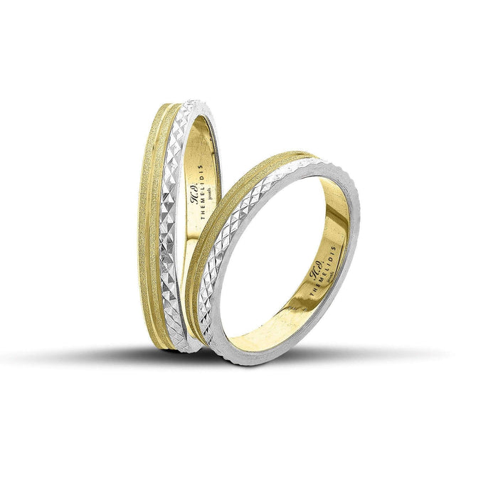 Βέρες Γάμου σετ δίχρωμες λευκόχρυσες - χρυσές διαμανταρισμένες με αμμοβολή.  Πλάτος: 3.5 mm.