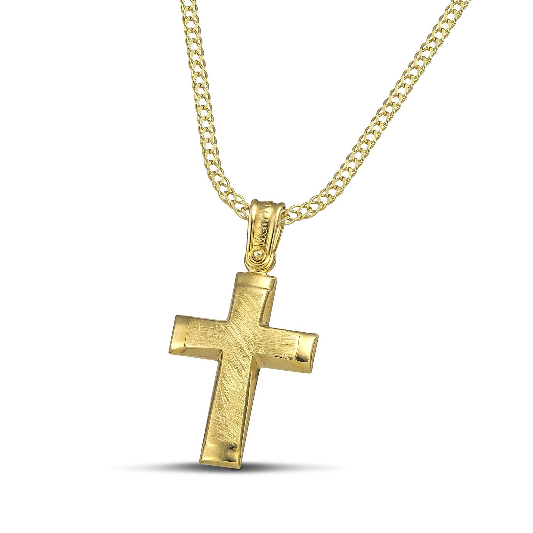 Μίνιμαλ γυναικείος σταυρός σαγρέ από χρυσό Κ14. Χειροποίητη πιστοποιημένη κατασκευή με πλεκτή αλυσίδα.