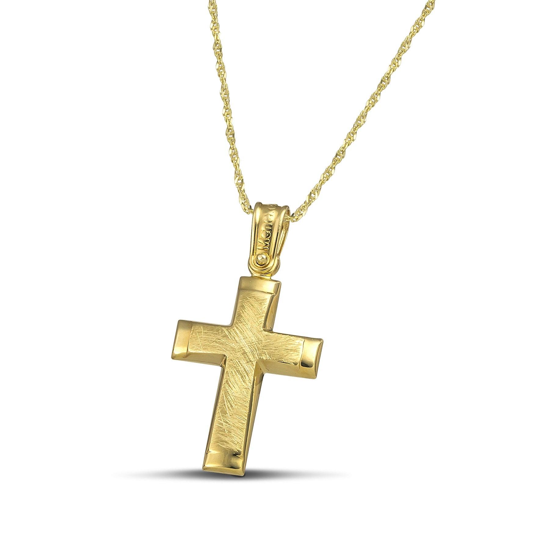 Μίνιμαλ γυναικείος σταυρός σαγρέ από χρυσό Κ14. Χειροποίητη πιστοποιημένη κατασκευή με λεπτή, στριφτή αλυσίδα.