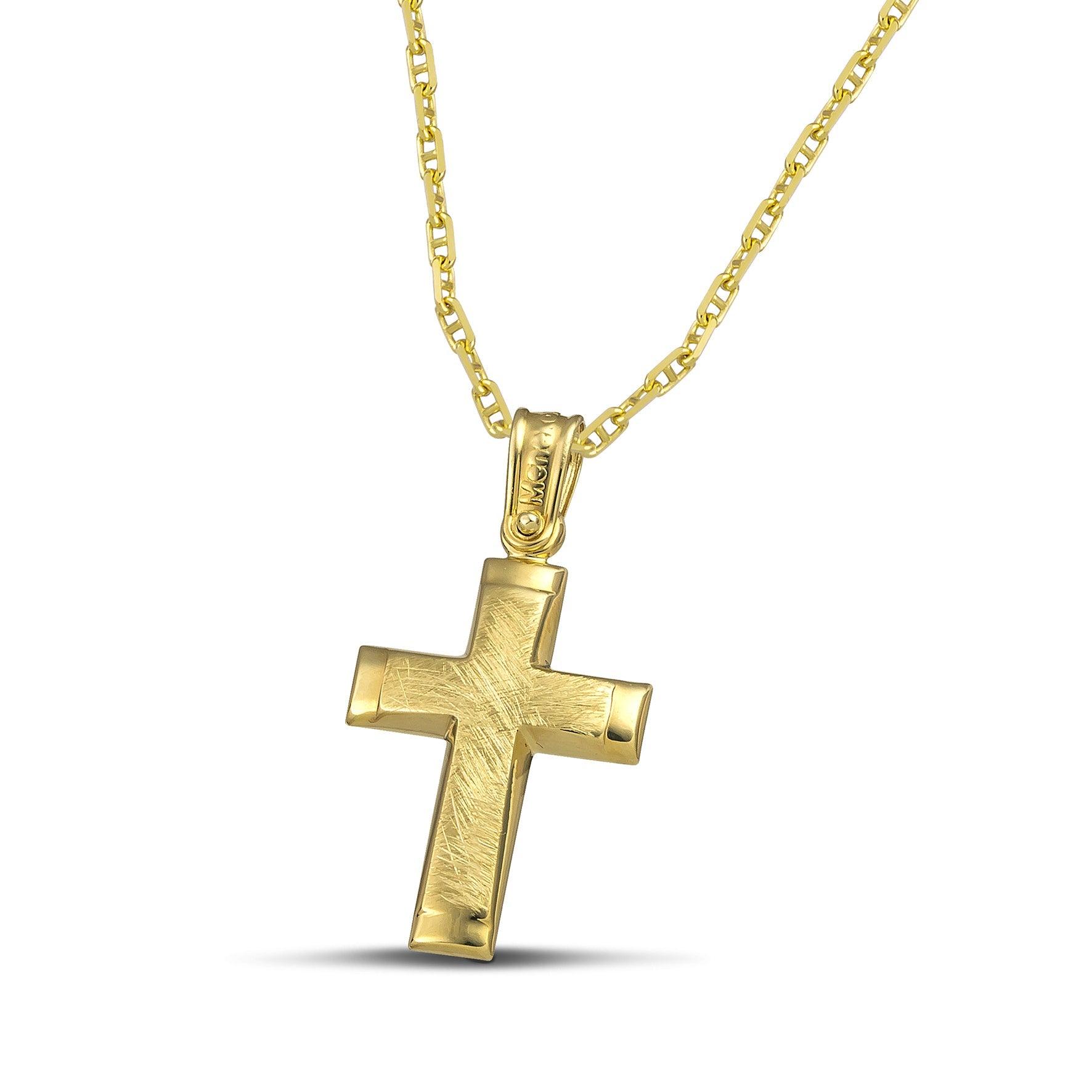 Μίνιμαλ γυναικείος σταυρός σαγρέ από χρυσό Κ14. Χειροποίητη πιστοποιημένη κατασκευή με «Θ» αλυσίδα.