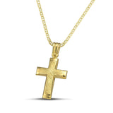 Μίνιμαλ γυναικείος σταυρός σαγρέ από χρυσό Κ14. Χειροποίητη πιστοποιημένη κατασκευή με «Θ» αλυσίδα.