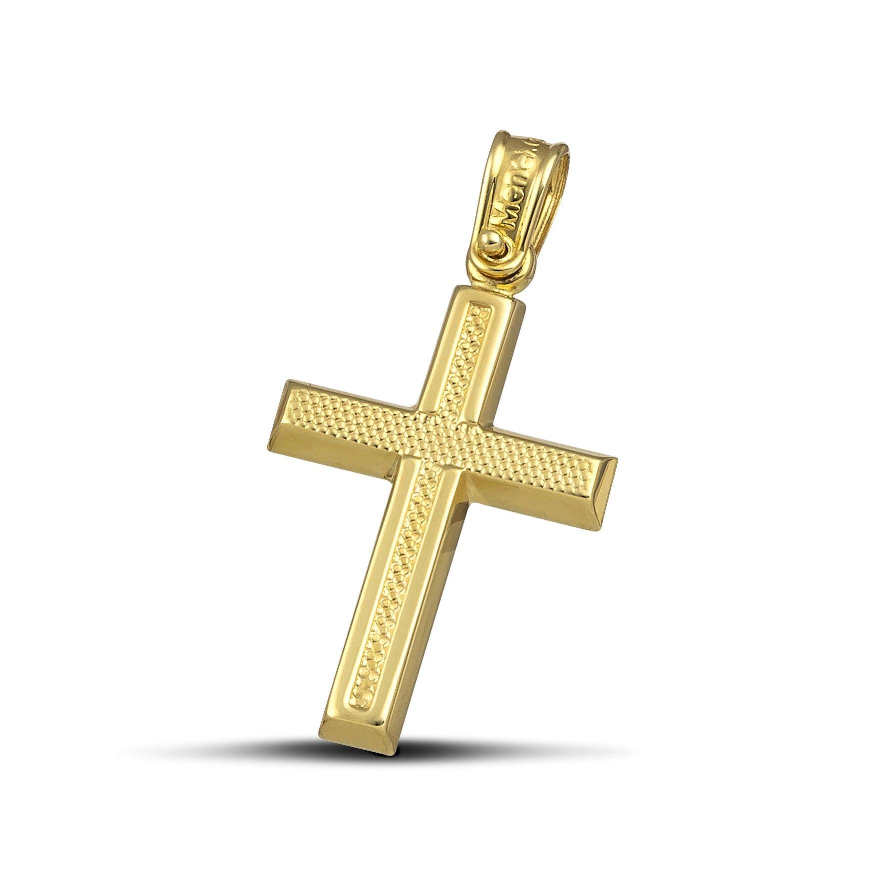 Μοντέρνος σταυρός για κορίτσι από χρυσό Κ14 ανάγλυφος.