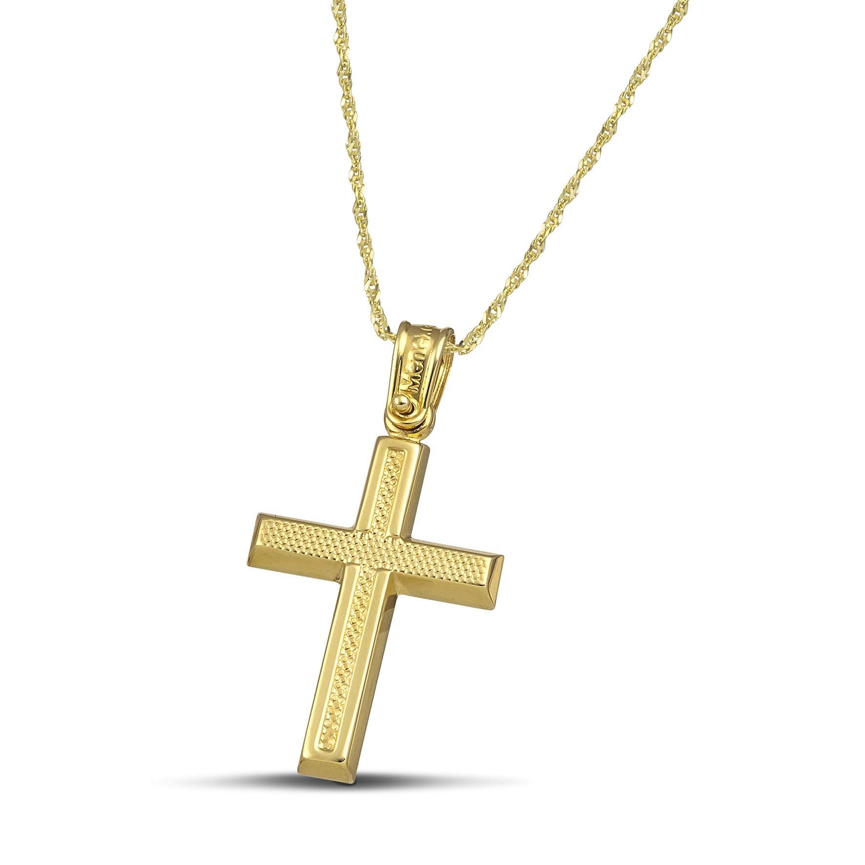 Μοντέρνος σταυρός για κορίτσι από χρυσό Κ14 ανάγλυφος. Φορεμένος σε λεπτή, στριφτή αλυσίδα.