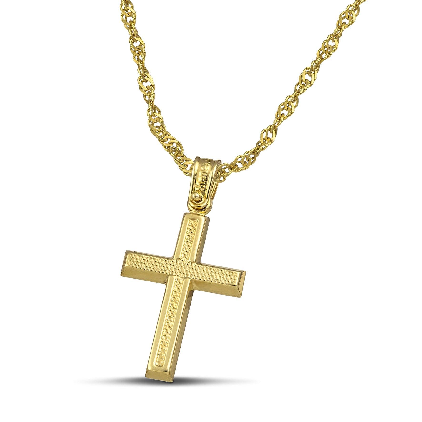 Μοντέρνος σταυρός για κορίτσι από χρυσό Κ14 ανάγλυφος. Φορεμένος σε πλεκτή αλυσίδα.