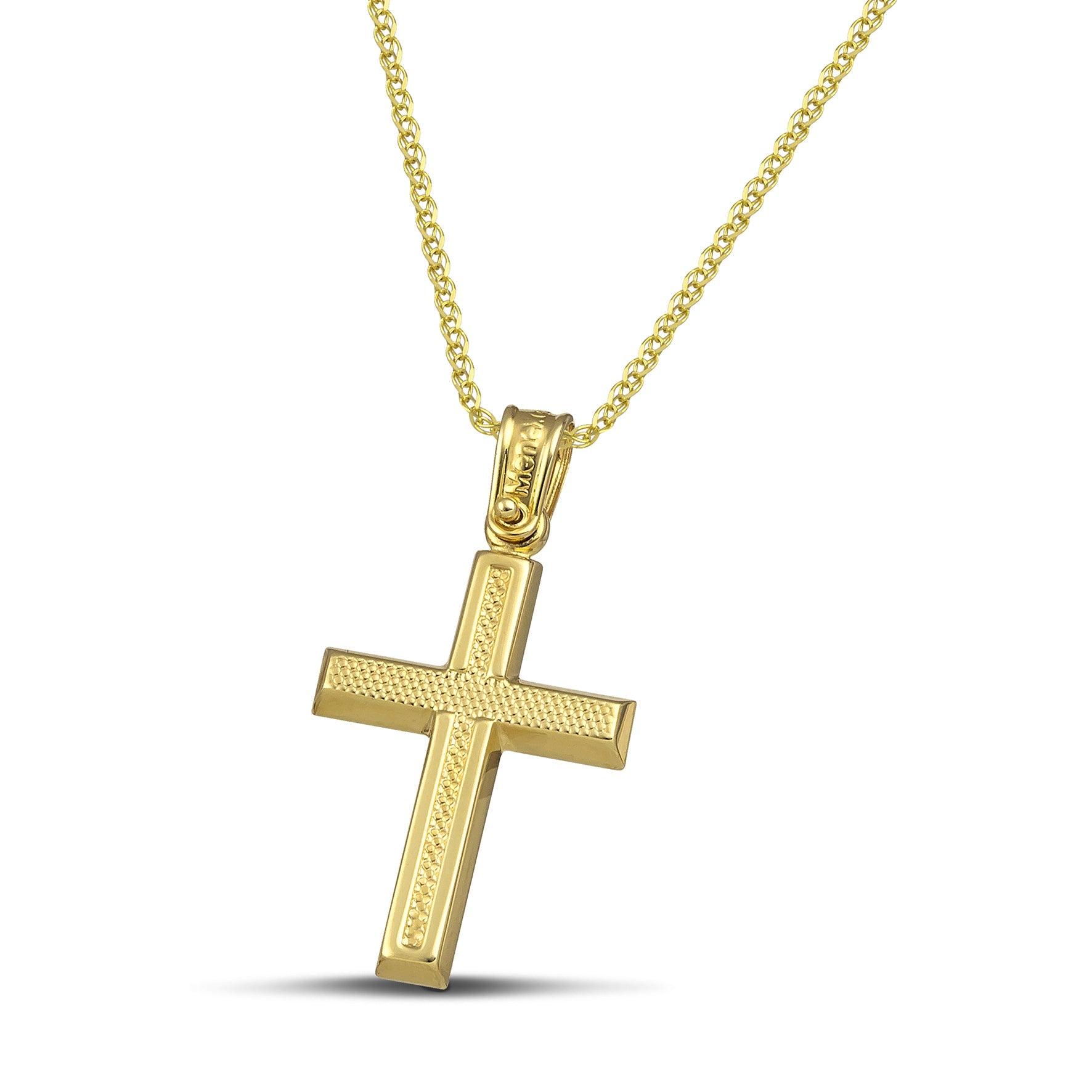 Μοντέρνος σταυρός για κορίτσι από χρυσό Κ14 ανάγλυφος. Φορεμένος σε πλεκτή αλυσίδα.
