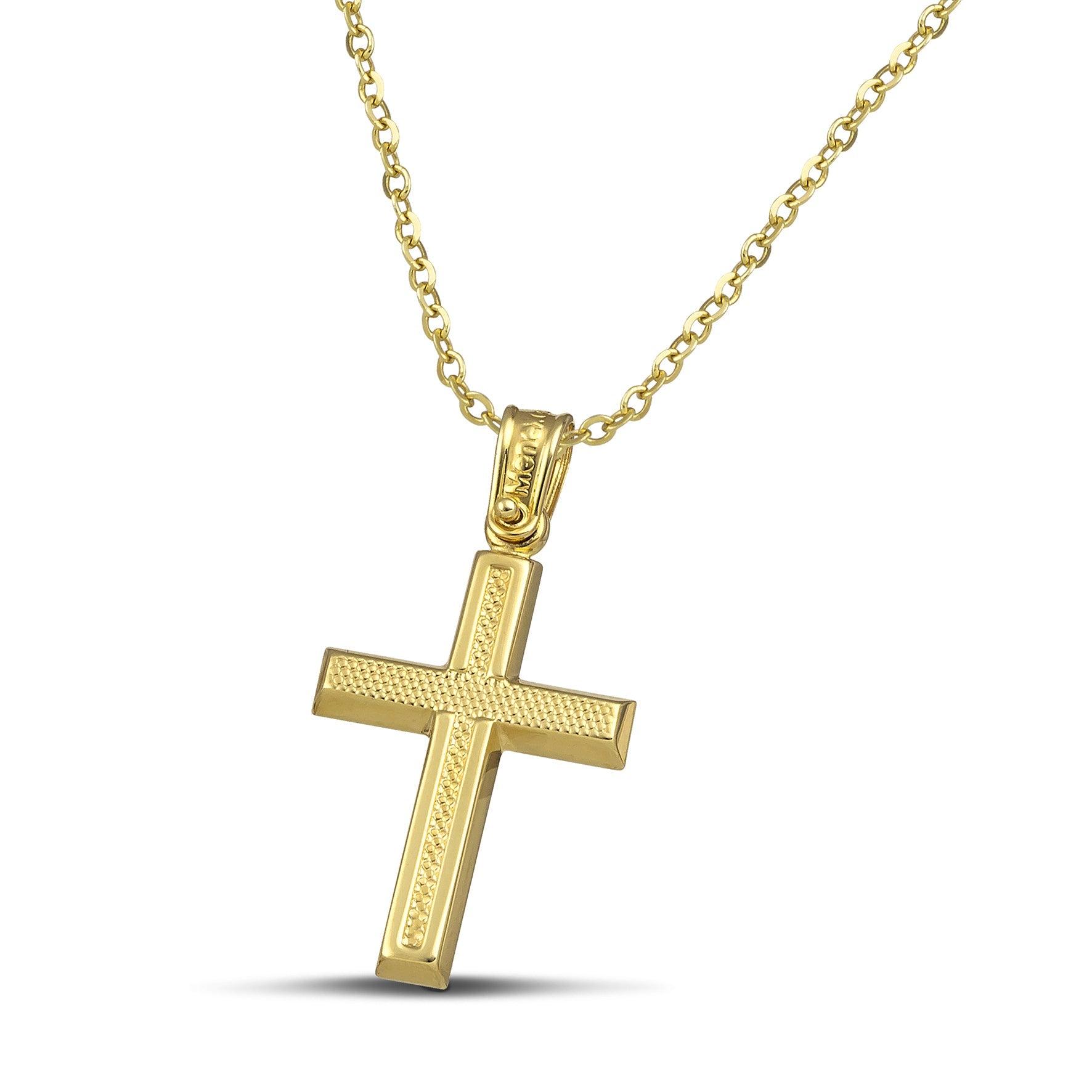 Μοντέρνος σταυρός για κορίτσι από χρυσό Κ14 ανάγλυφος. Φορεμένος σε λεπτή αλυσίδα.