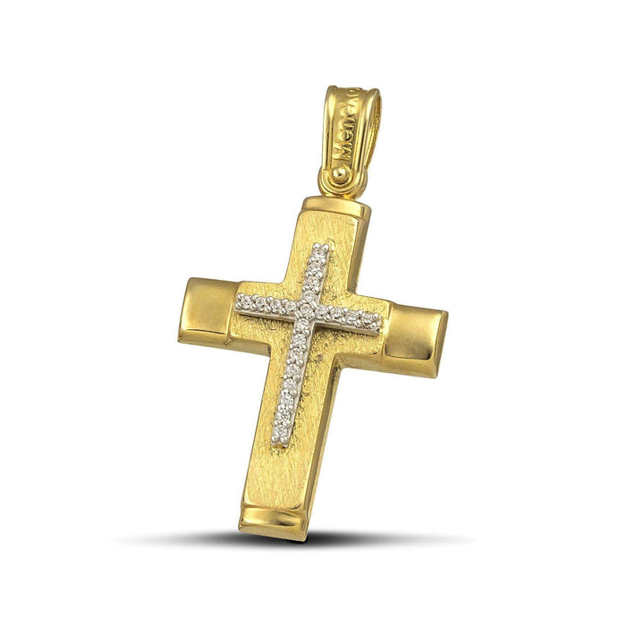 Γυναικείος σταυρός βάπτισης ματ, από χρυσό Κ14 με πέτρες ζιργκόν.