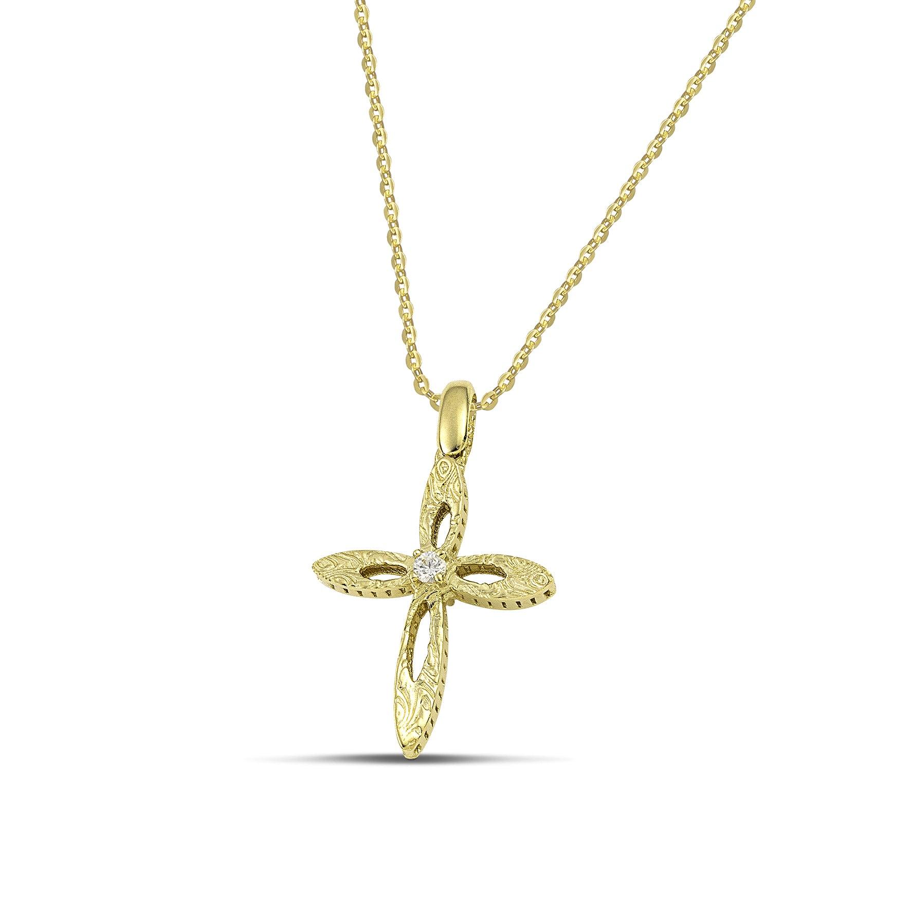 Γυναικείος βαπτιστικός σταυρός MCS101 από χρυσό 14Κ διπλής όψεως με διάτρητο σχέδιο και κεντρικό ζιργκόν, με αλυσίδα 3 Ρολό 45 cm με στρογγυλεμένους κρίκους.