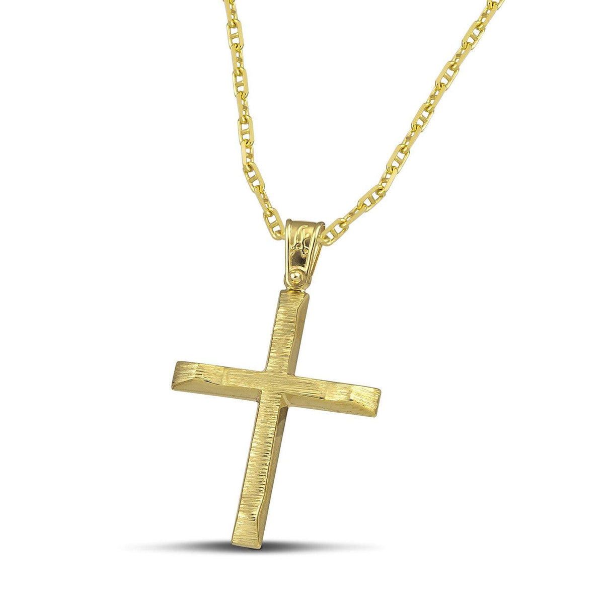 Γυναικείος βαπτιστικός σταυρός CS008 από χρυσό 14Κ με σαγρέ επιφάνεια, με αλυσίδα 5 Μαρίνα 45 cm με οβάλ κρίκους και μπάρα στο κέντρο.
