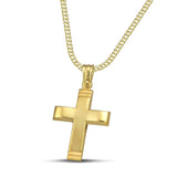 Χρυσός σταυρός 14 καρατίων με γυαλιστερή επιφάνεια. Γυναικείο  χειροποίητο κόσμημα, φορεμένο σε πλεκτή αλυσίδα.
