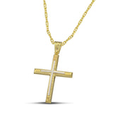 Γυναικείος σταυρός από χρυσό Κ14. Ανάγλυφο σχέδιο με λευκόχρυση λεπτομέρεια.  Φορεμένος σε «Θ»  αλυσίδα. 