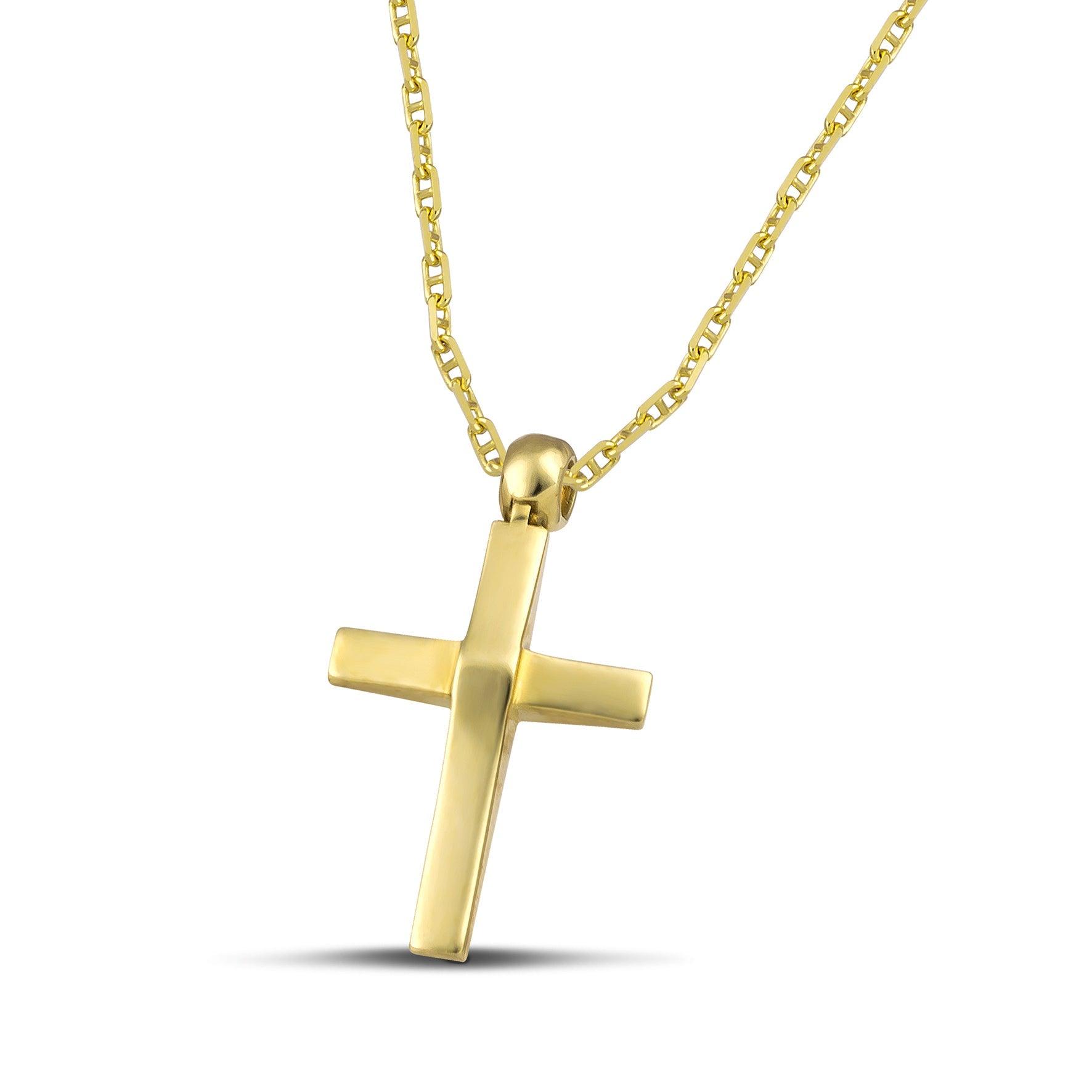 Γυναικείος σταυρός βάπτισης κατασκευασμένος από χρυσό 14 καρατίων διπλής όψης με σαγρέ και λουστράτη επιφάνεια, και χρυσή αλυσίδα με σχέδιο «Θ».