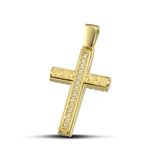 Χειροποίητος βαπτιστικός σταυρός από χρυσό Κ14 για κορίτσι. Μοντέρνο σχέδιο με ζιργκόν.