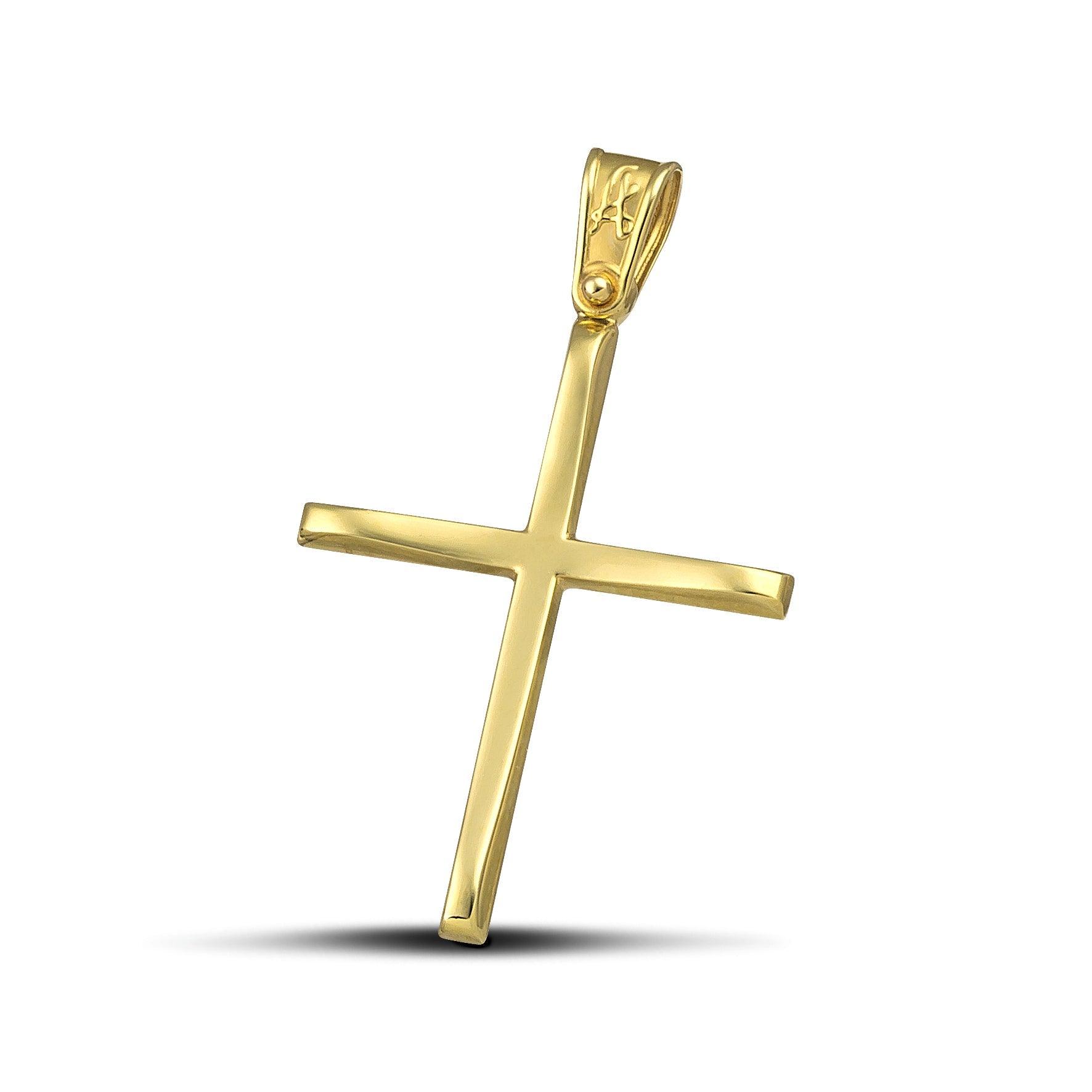 Χρυσός βαφτιστικός σταυρός Κ14, με κλασσικό σχεδιασμό. Γυναικείο χειροποίητο κόσμημα.