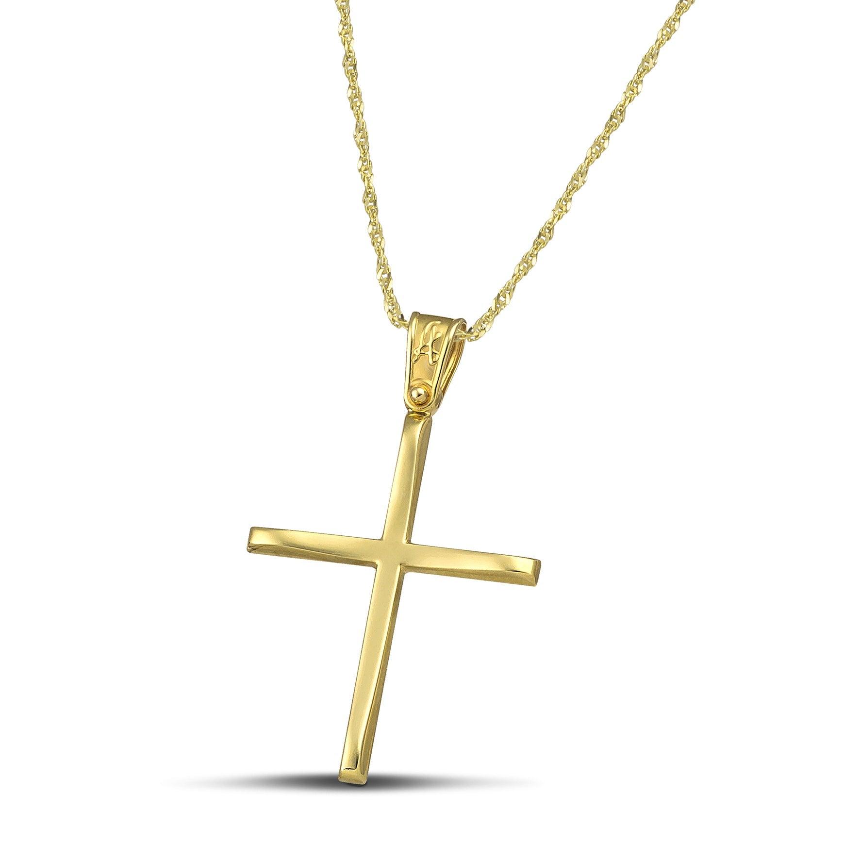 Χρυσός βαφτιστικός σταυρός Κ14, με κλασσικό σχεδιασμό. Γυναικείο χειροποίητο κόσμημα περασμένο σε λεπτή, στριφτή αλυσίδα.