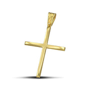 Χρυσός βαφτιστικός σταυρός Κ14. Γυναικείο χειροποίητο κόσμημα, φορεμένο σε μοντέλο.