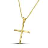 Χρυσός βαφτιστικός σταυρός Κ14, με κλασσικό σχεδιασμό. Γυναικείο χειροποίητο κόσμημα περασμένο σε χρυσή αλυσίδα.
