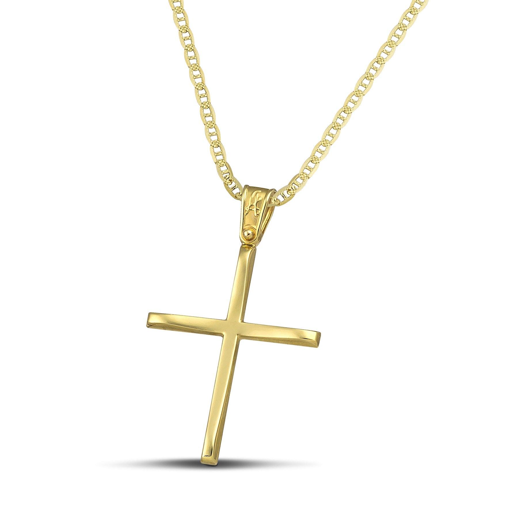 Χρυσός βαφτιστικός σταυρός Κ14, με κλασσικό σχεδιασμό. Γυναικείο χειροποίητο κόσμημα περασμένο σε «Θ» αλυσίδα.