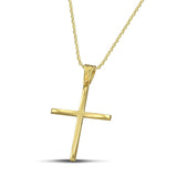 Χρυσός βαφτιστικός σταυρός Κ14, με κλασσικό σχεδιασμό. Γυναικείο χειροποίητο κόσμημα περασμένο σε λεπτή αλυσίδα.