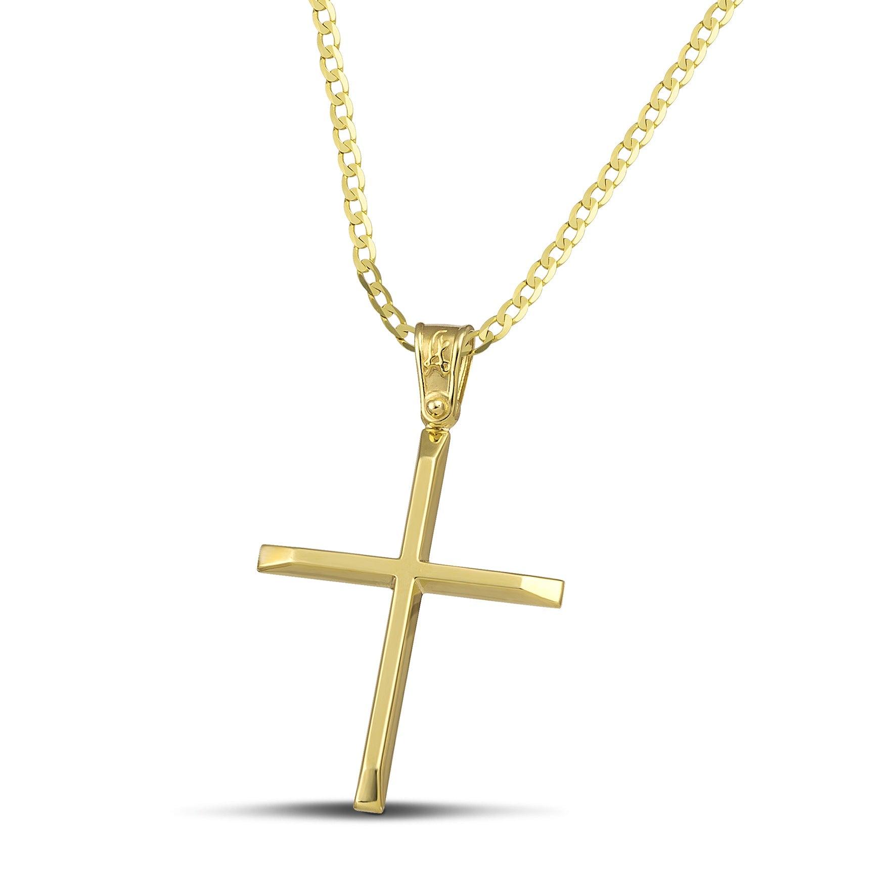 Χρυσός βαφτιστικός σταυρός Κ14 για γυναίκα. Χειροποίητο κόσμημα με ελαφριά κατασκευή, περασμένο σε κλασσική αλυσίδα.