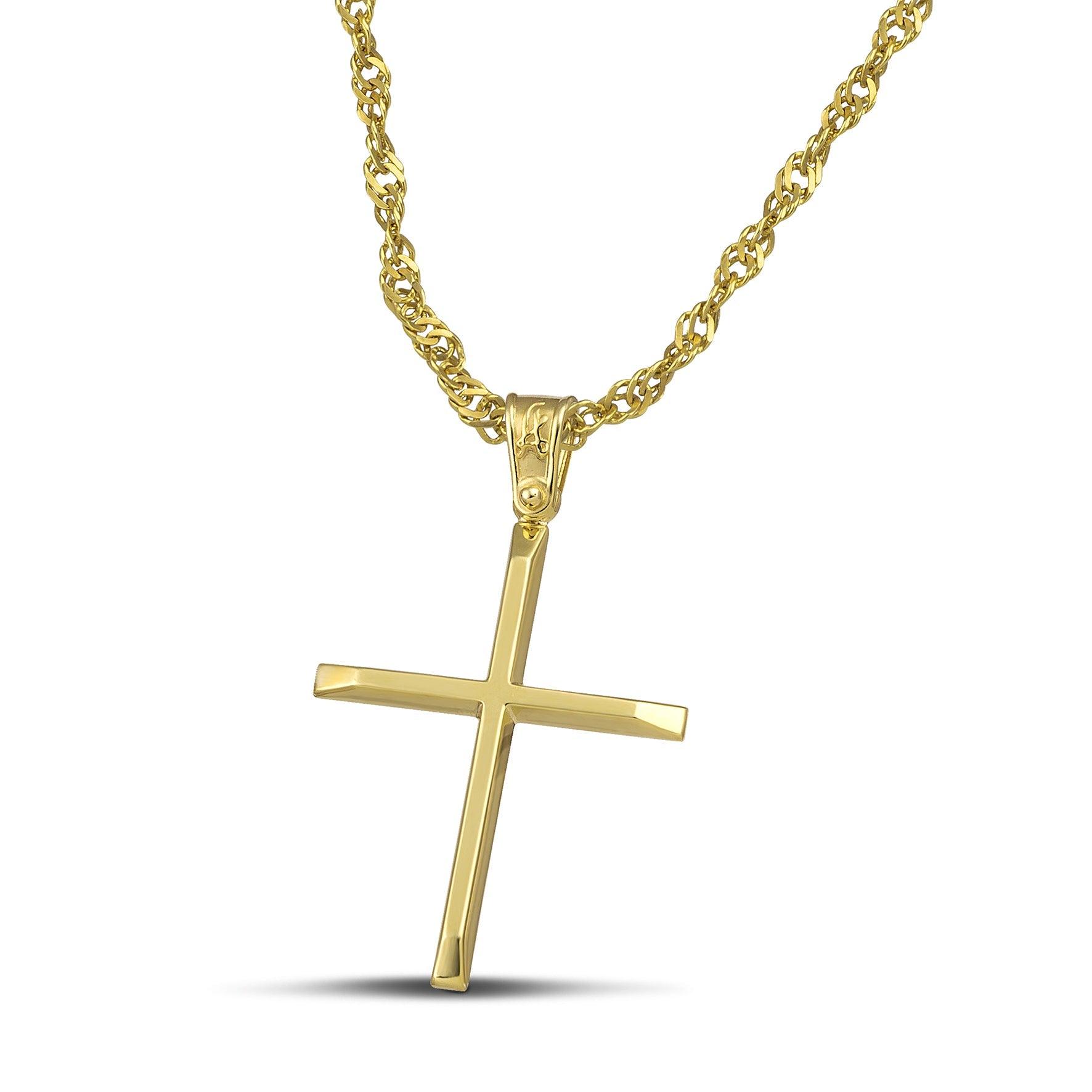 Χρυσός βαφτιστικός σταυρός Κ14 για γυναίκα. Χειροποίητο κόσμημα με ελαφριά κατασκευή, περασμένο σε αλυσίδα.