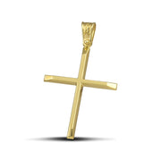 Χρυσός βαφτιστικός σταυρός Κ14 για γυναίκα. Χειροποίητο κόσμημα με ελαφριά κατασκευή, φορεμένο σε μοντέλο.