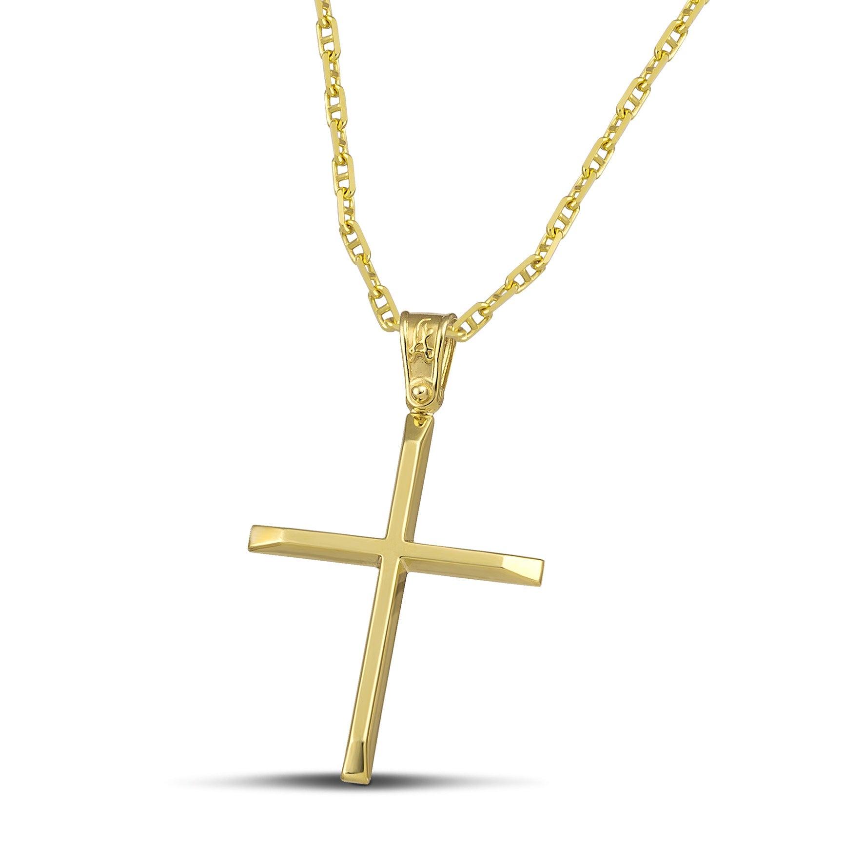Χρυσός βαφτιστικός σταυρός Κ14 για γυναίκα. Χειροποίητο κόσμημα με ελαφριά κατασκευή, περασμένο σε χρυσή αλυσίδα «Θ».