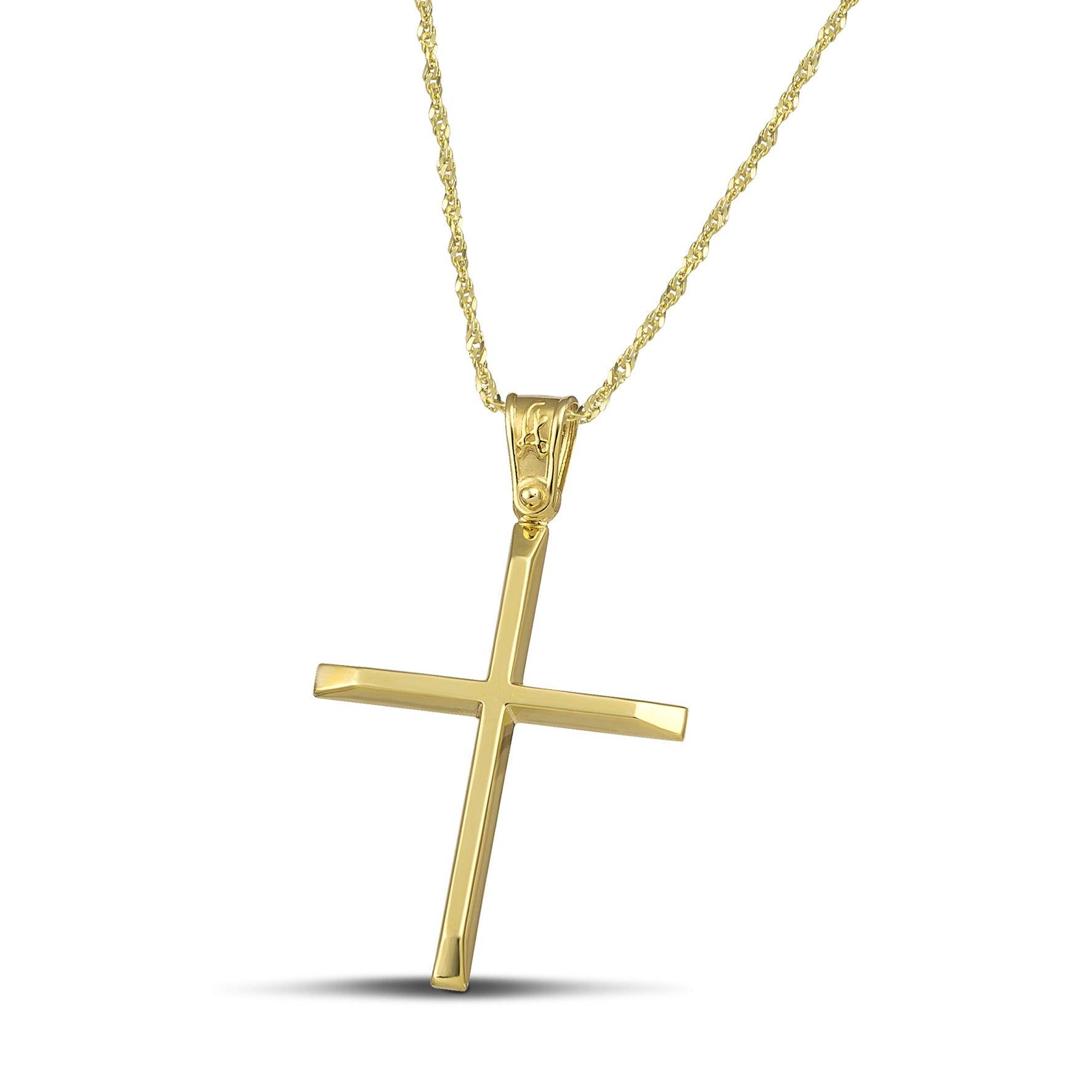 Χρυσός βαφτιστικός σταυρός Κ14 για γυναίκα. Χειροποίητο κόσμημα με ελαφριά κατασκευή, περασμένο σε λεπτή, στριφτή αλυσίδα.