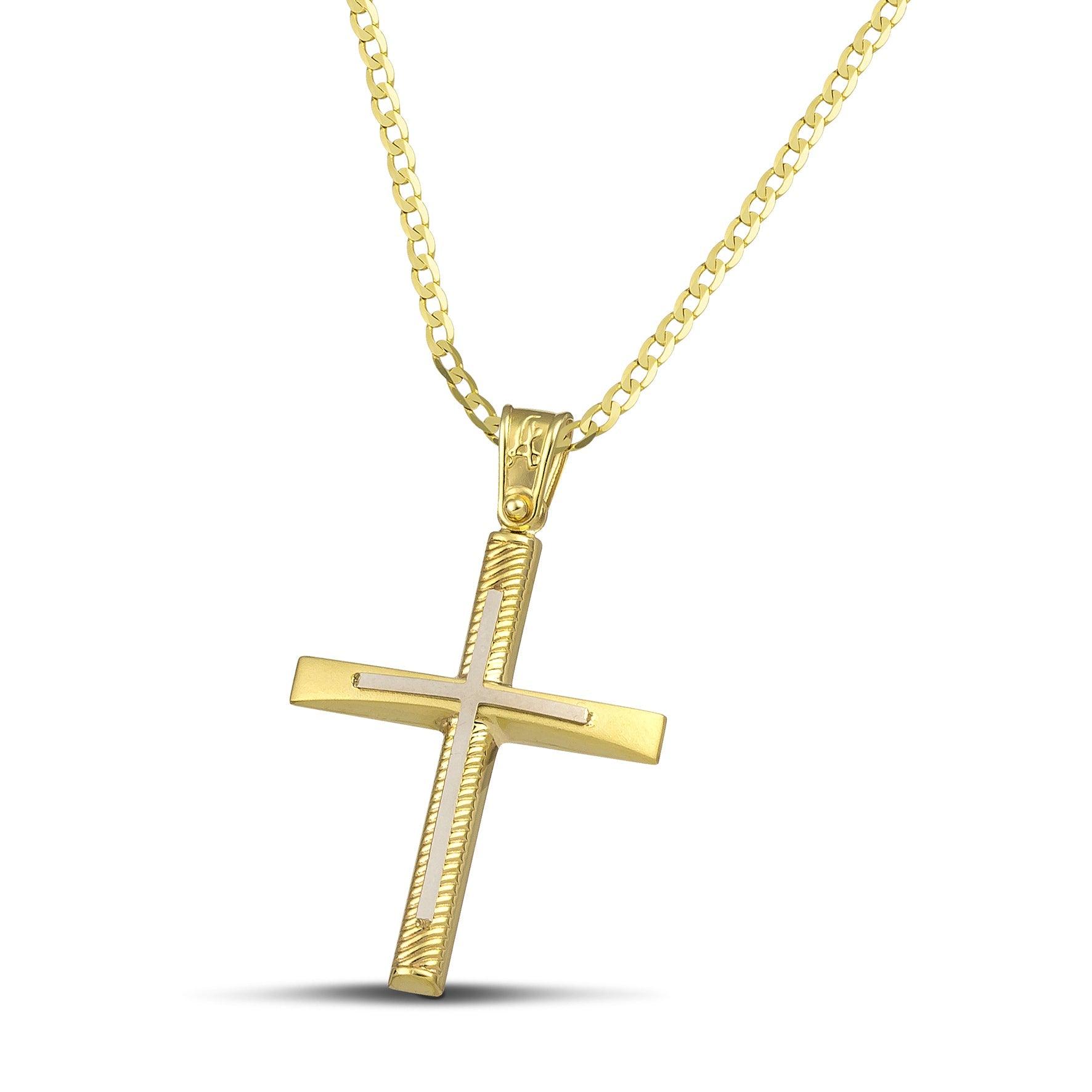 Σταυρός βάπτισης χρυσός Κ14 για γυναίκα. Διαθέτει σκαλιστά σχέδια και λευκόχρυσο σταυρό, με κλασσική  αλυσίδα.