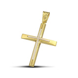 Σταυρός βάπτισης χρυσός Κ14 για γυναίκα. Διαθέτει σκαλιστά σχέδια και λευκόχρυσο σταυρό.