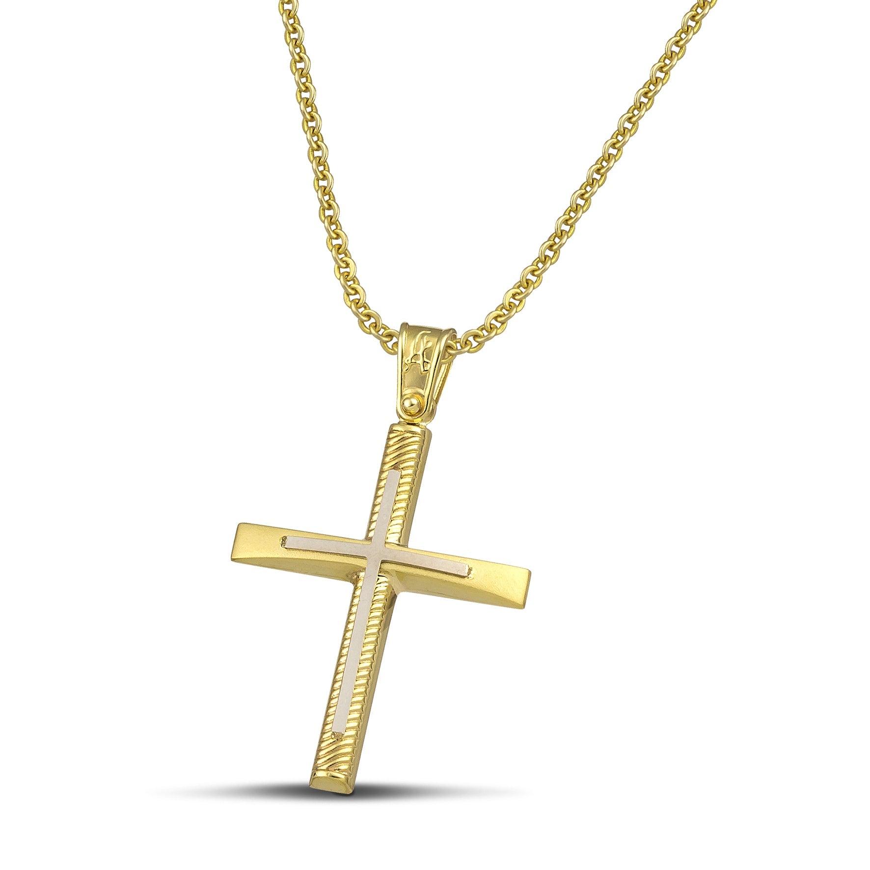 Σταυρός βάπτισης χρυσός Κ14 για γυναίκα. Διαθέτει σκαλιστά σχέδια και λευκόχρυσο σταυρό, με λεπτή αλυσίδα.