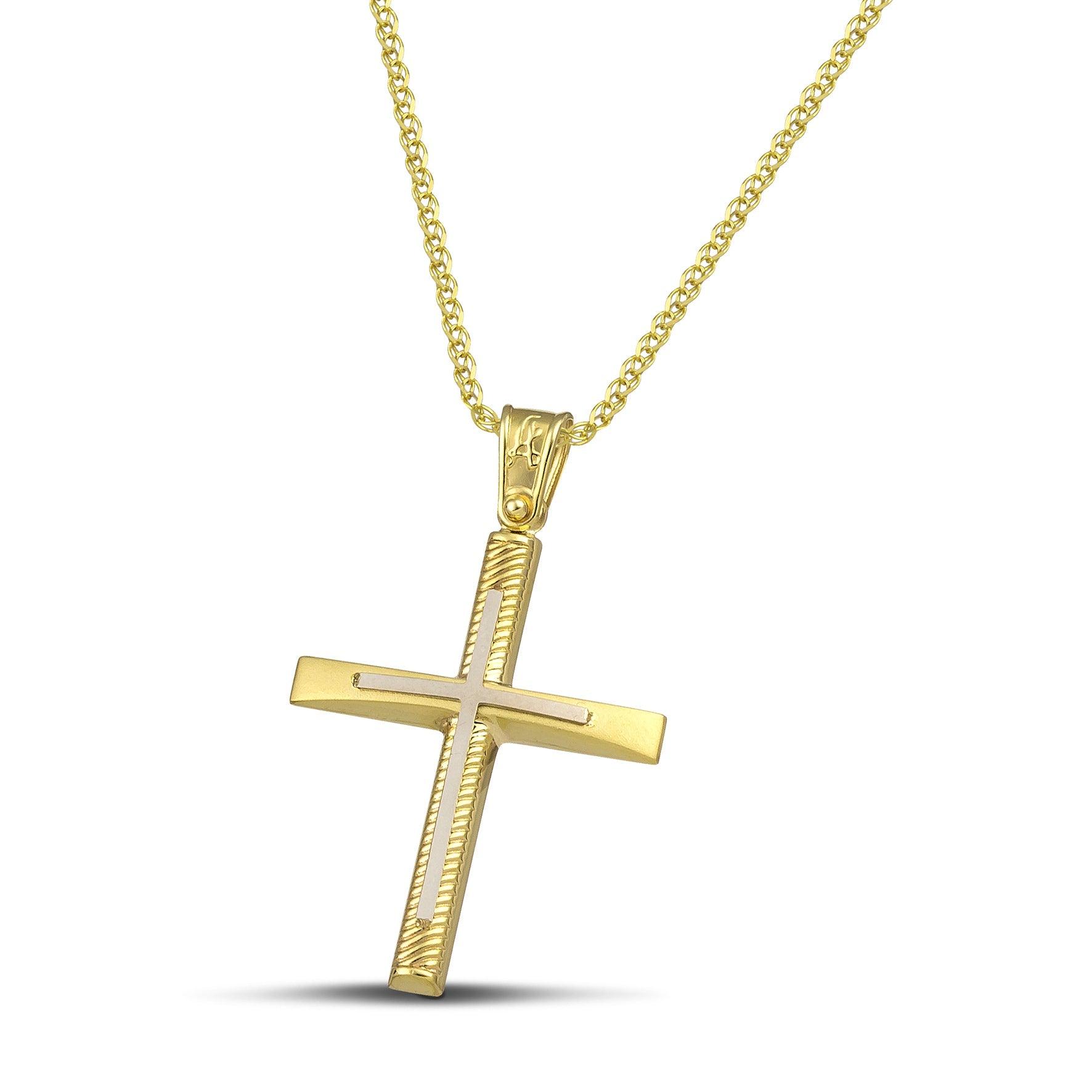 Σταυρός βάπτισης χρυσός Κ14 για γυναίκα. Διαθέτει σκαλιστά σχέδια και λευκόχρυσο σταυρό, με πλεκτή αλυσίδα.
