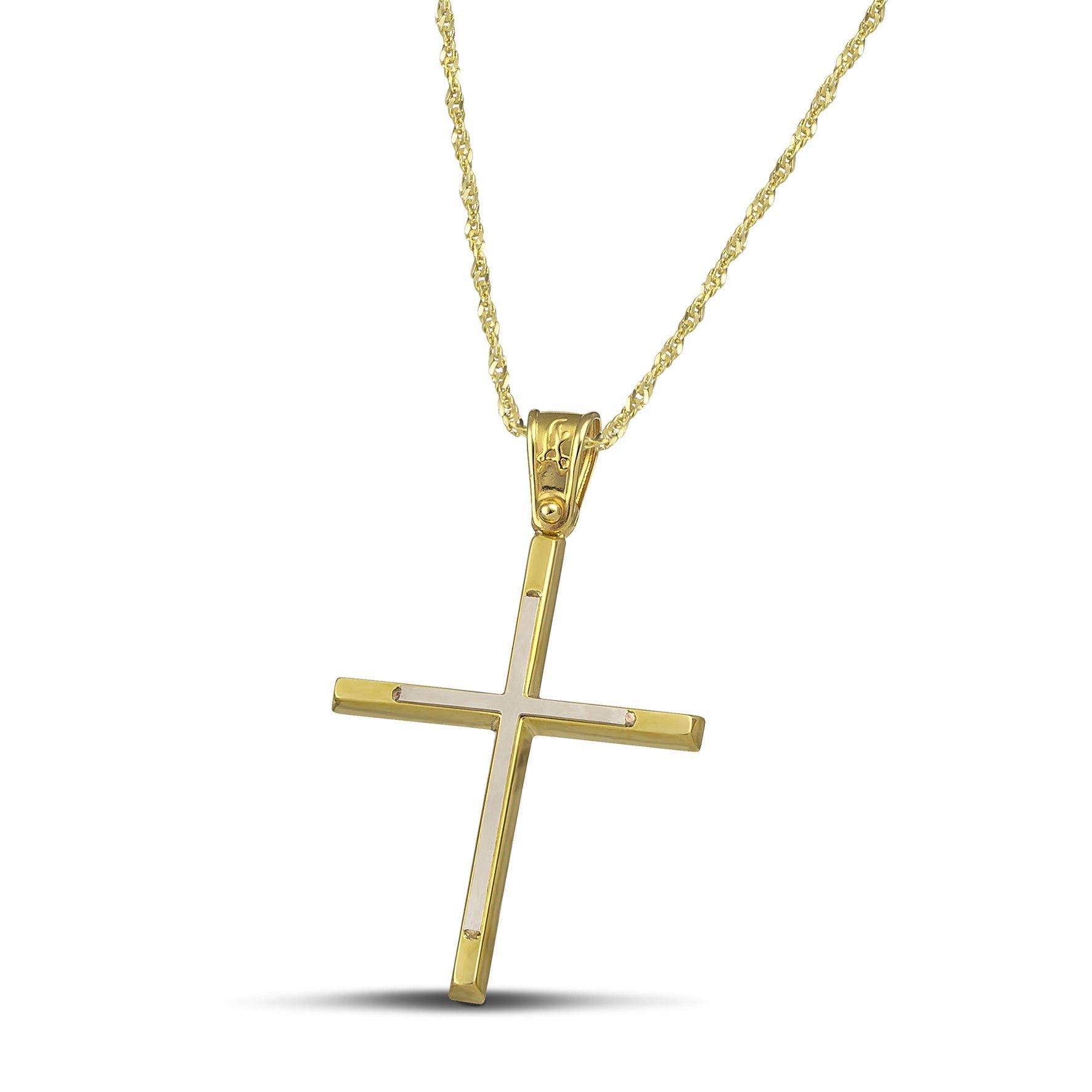 Γυναικείος σταυρός από χρυσό 14 καρατίων και λευκόχρυσο, με λεπτή, στριφτή  αλυσίδα.