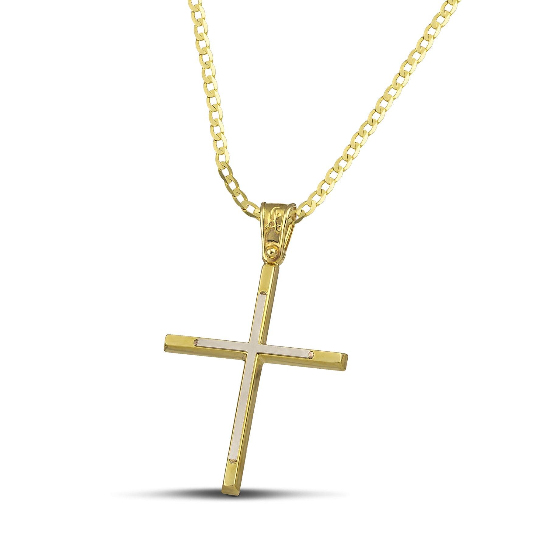 Γυναικείος σταυρός από χρυσό 14 καρατίων και λευκόχρυσο, με κλασσική αλυσίδα.