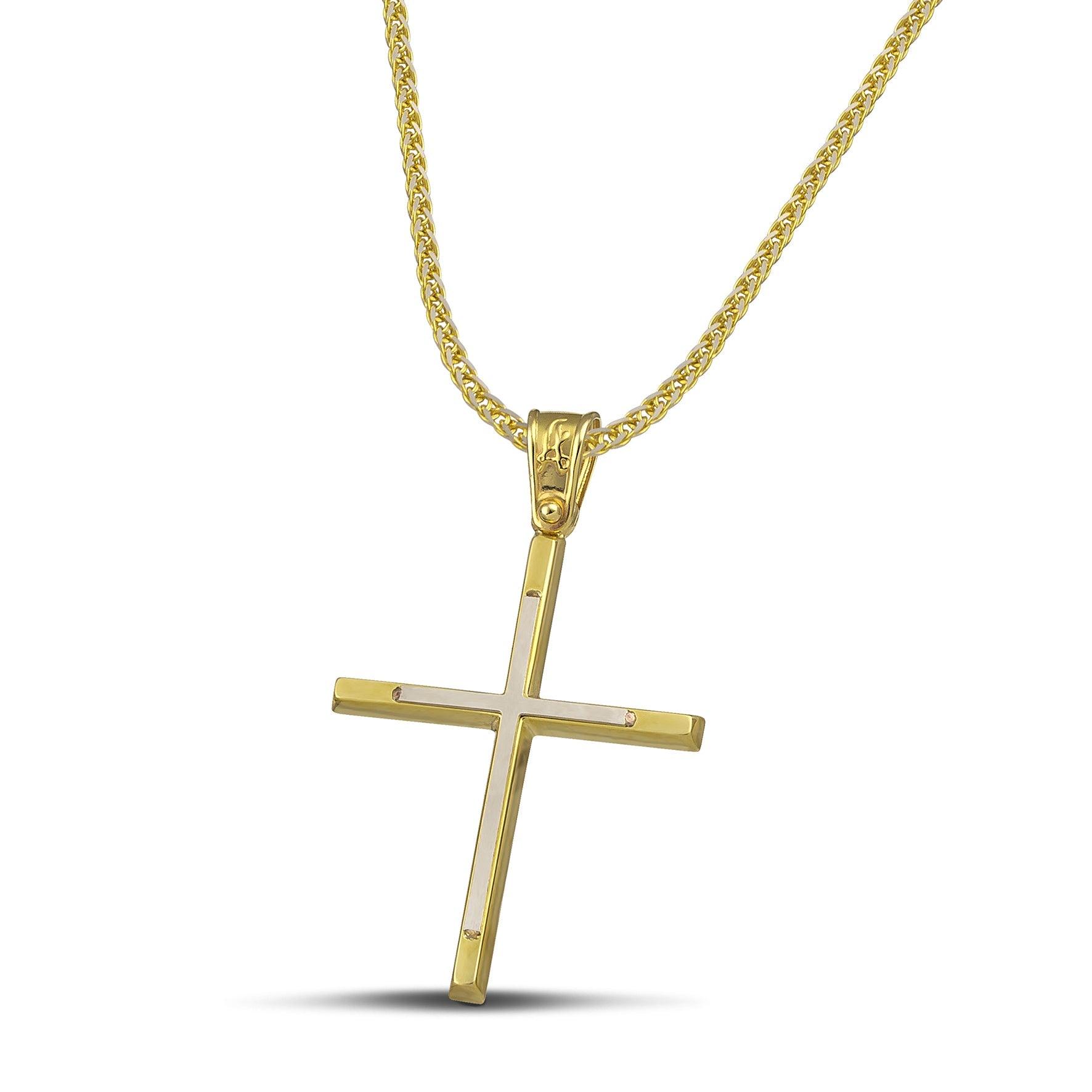 Γυναικείος σταυρός από χρυσό 14 καρατίων και λευκόχρυσο, με παχιά αλυσίδα.