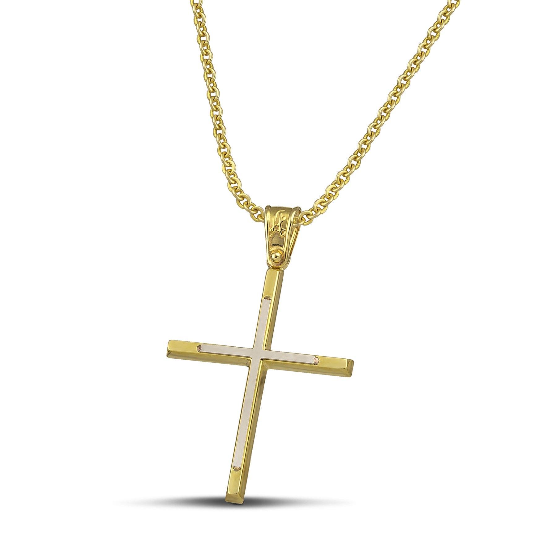 Γυναικείος σταυρός από χρυσό 14 καρατίων και λευκόχρυσο, με λεπτή αλυσίδα.