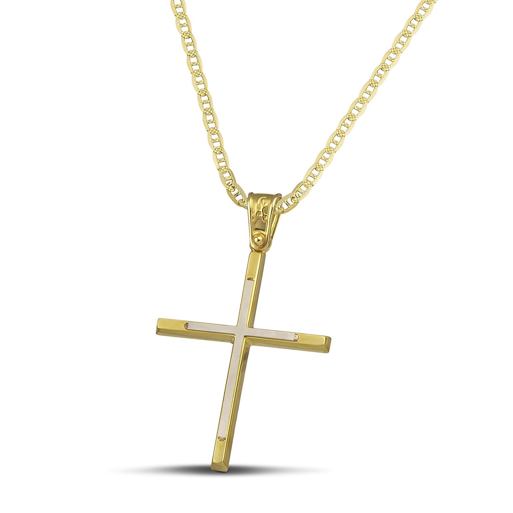 Γυναικείος σταυρός από χρυσό 14 καρατίων και λευκόχρυσο, με «Θ» αλυσίδα.