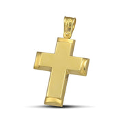 Γυναικείος χρυσός σταυρός βάπτισης Κ14, ματ με λουστράτες άκρες, σε μοντέλο.