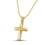 Γυναικείος σταυρός από χρυσό Κ14 γυαλιστερός με ματ σχέδιο, φορεμένος σε «Θ» αλυσίδα. 