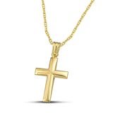 Χρυσός σταυρός Κ14 με αμμοβολή. Μίνιμαλ σχέδιο για κάθε γυναίκα.  Φορεμένος σε «Θ» αλυσίδα.