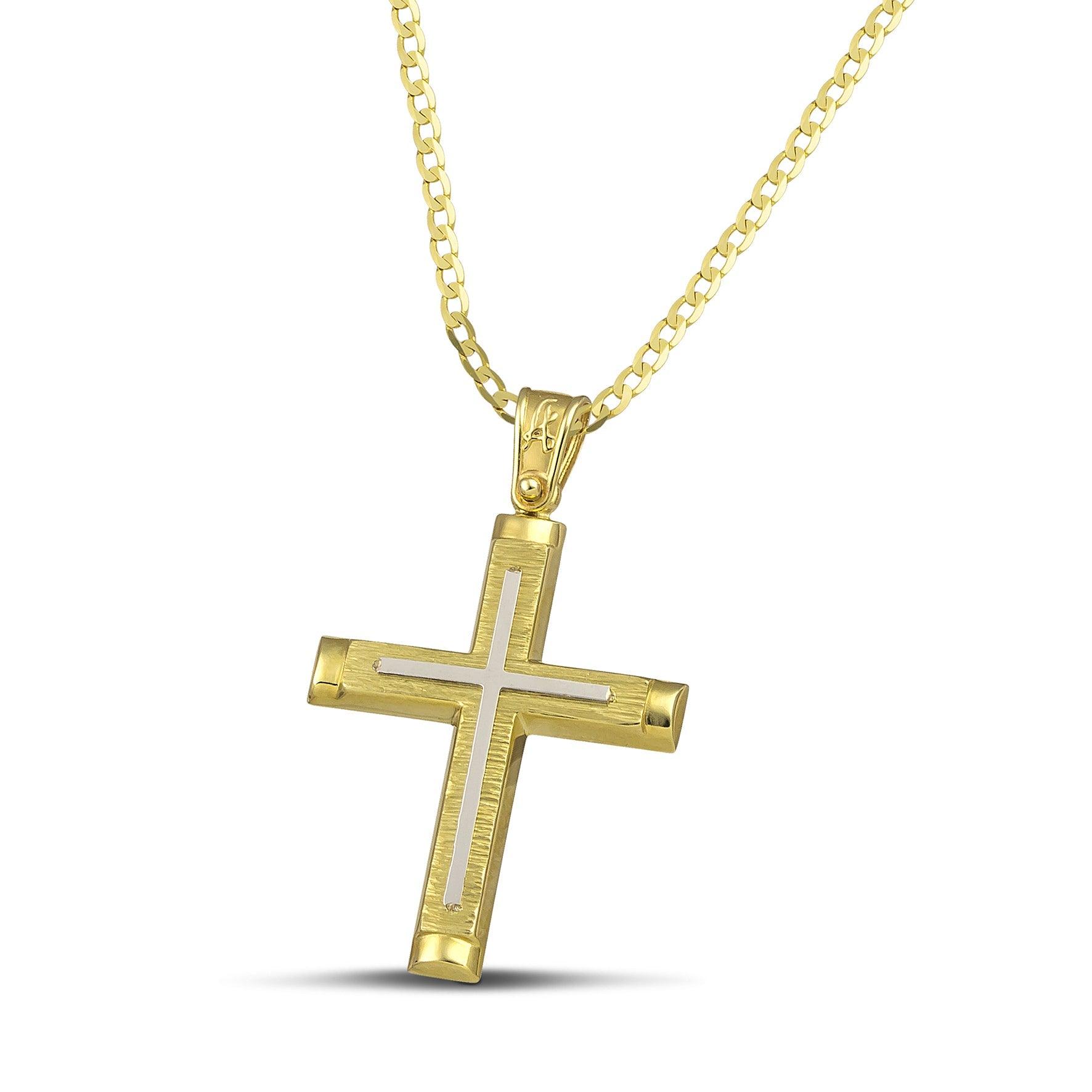 Χρυσός σταυρός Κ14 για γυναίκα, σαγρέ με λευκόχρυσο, περασμένος σε κλασσική αλυσίδα.