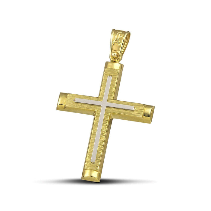 Χρυσός σταυρός Κ14 για γυναίκα, σαγρέ με λευκόχρυσο. Πιστοποιημένο χειροποίητο κόσμημα.