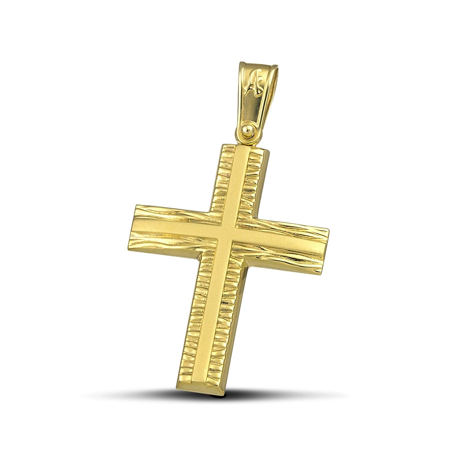 Γυναικείος σταυρός από χρυσό Κ14 με σαγρέ και λουστράτη επιφάνεια. 