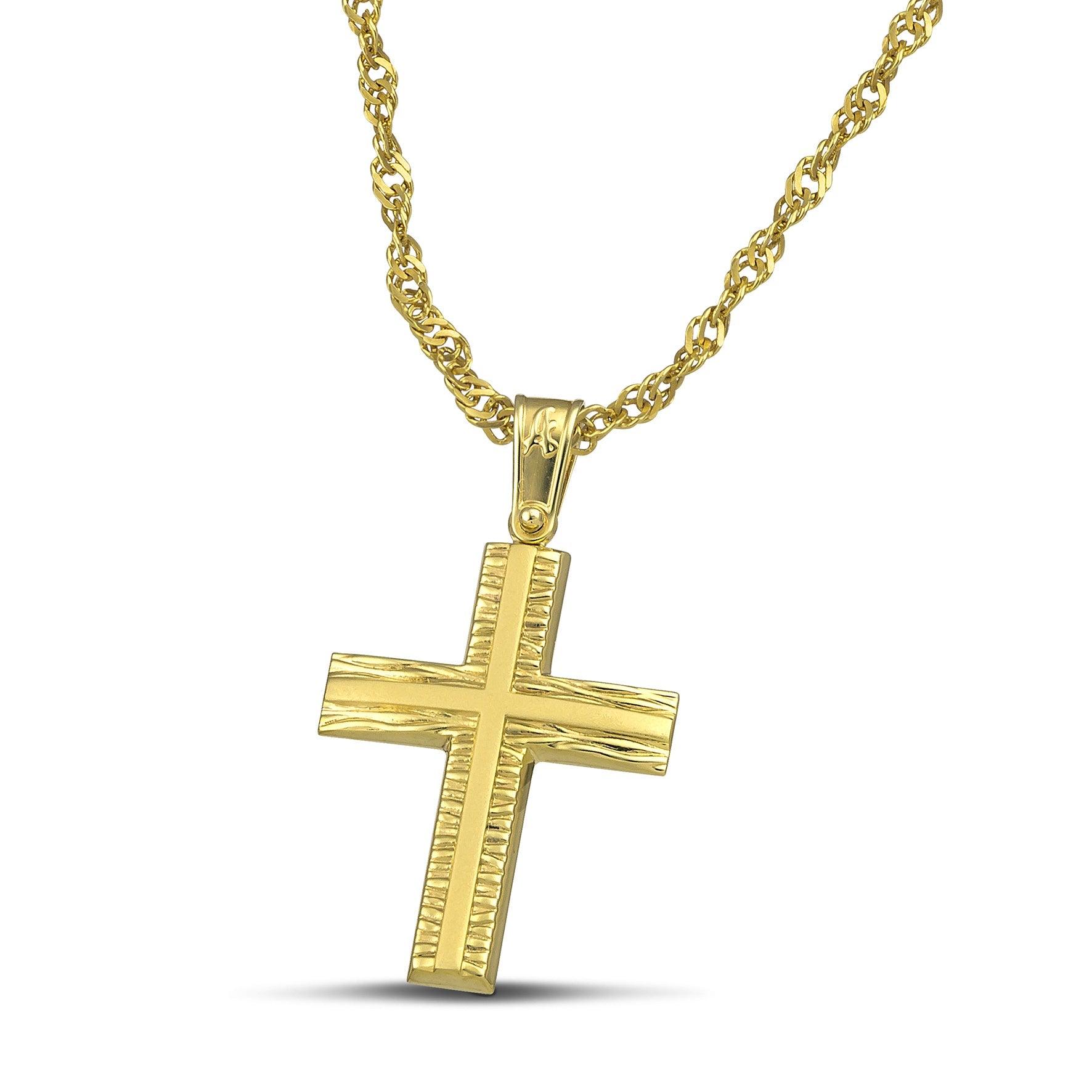 Γυναικείος σταυρός από χρυσό Κ14 με σαγρέ και λουστράτη επιφάνεια. Περασμένος σε πλεκτή αλυσίδα.