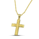 Γυναικείος σταυρός από χρυσό Κ14 με σαγρέ και λουστράτη επιφάνεια. Περασμένος σε «Θ» αλυσίδα.