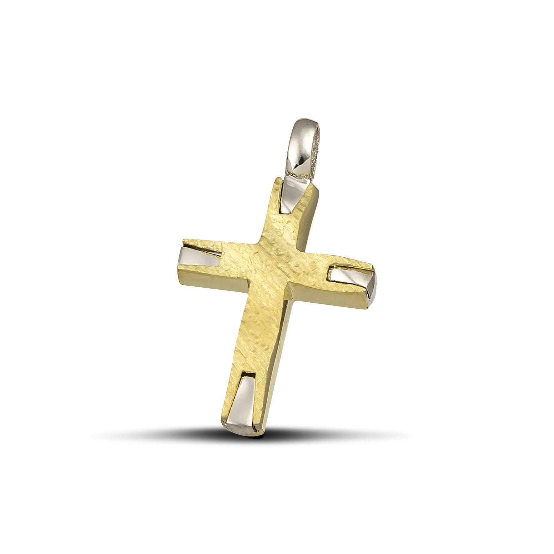 Χρυσός και λευκόχρυσος γυναικείος σταυρός διπλής όψης από Κ14. 