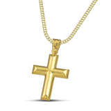 Κλασσικός σταυρός από χρυσό Κ14 για γυναίκα, φορεμένος σε πλεκτή αλυσίδα.